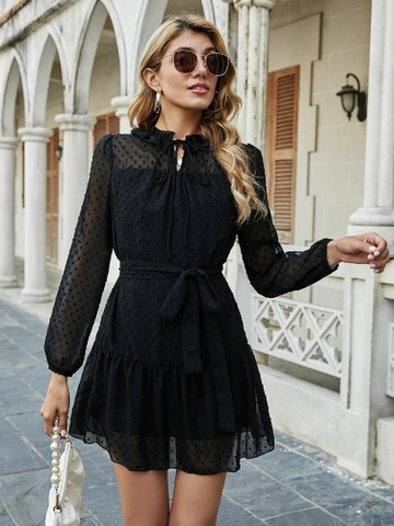 Vestido Elegante Tecido Chiffon Poá Romântico Preto