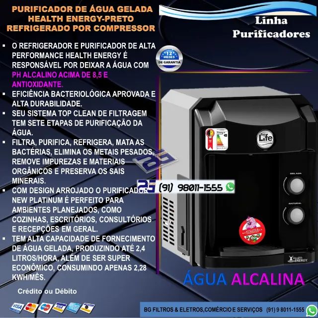 Purificador de Água Gelada Alcalina Top Life Health Energy-Compressor 