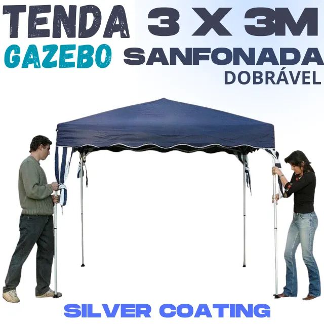 TENDA GAZEBO SANFONADA ARTICULADA DOBRÁVEL 3M x 3M POLIÉSTER AZUL SILVERCOATING FPS UV 60% - Foto 2