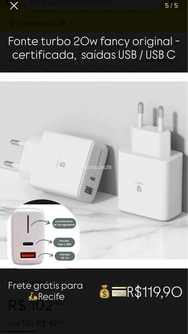 Fonte Turbo 20W Fancy Original - Saídas USB/USB C