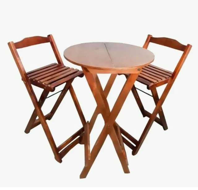 Mesa e Cadeira: Conjunto dobrável bistrô com 3 banquetas de Madeira maciça Marrom/Caramelo
