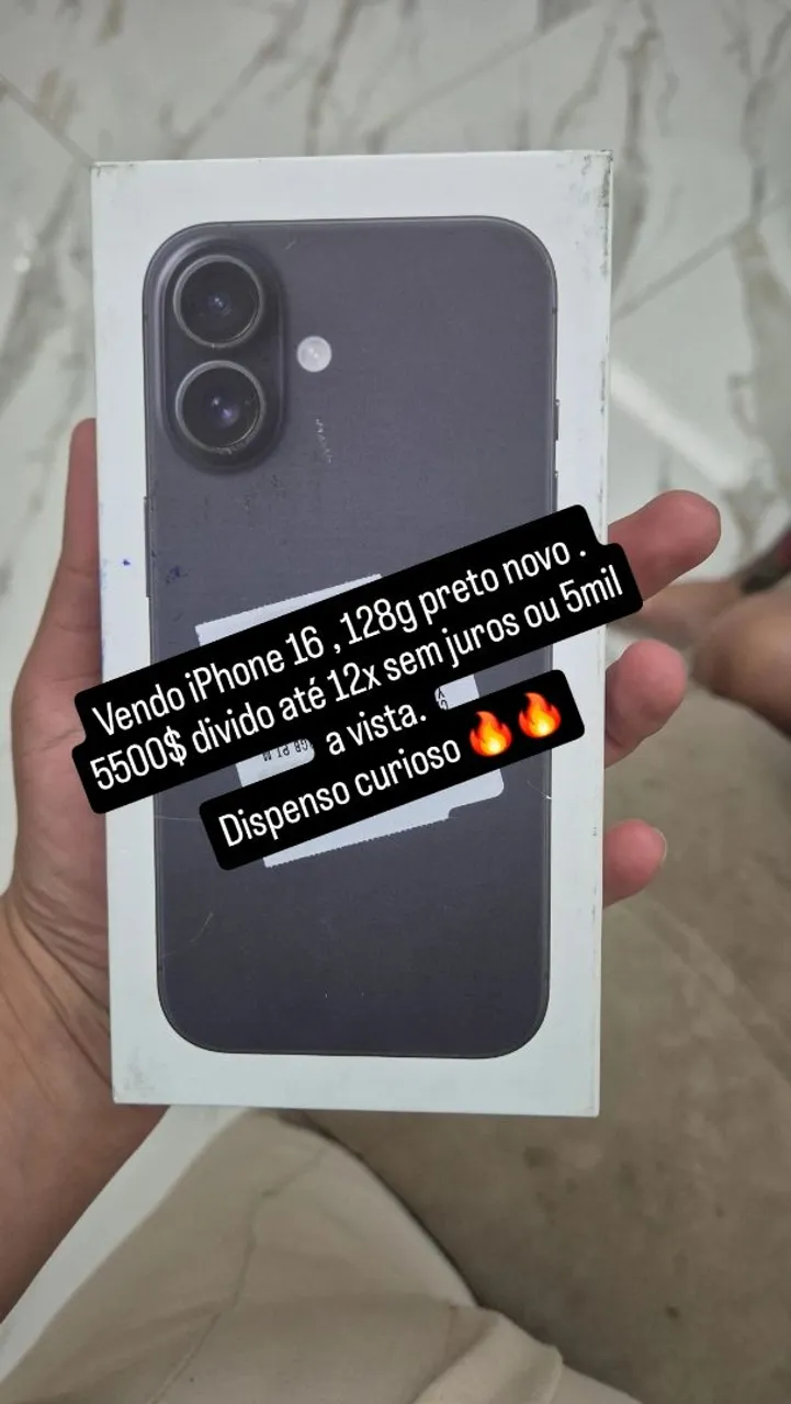 Vendo iPhone 16 ,128g preto novo , 5500$ até 12x cartao ou 5mil a vista .