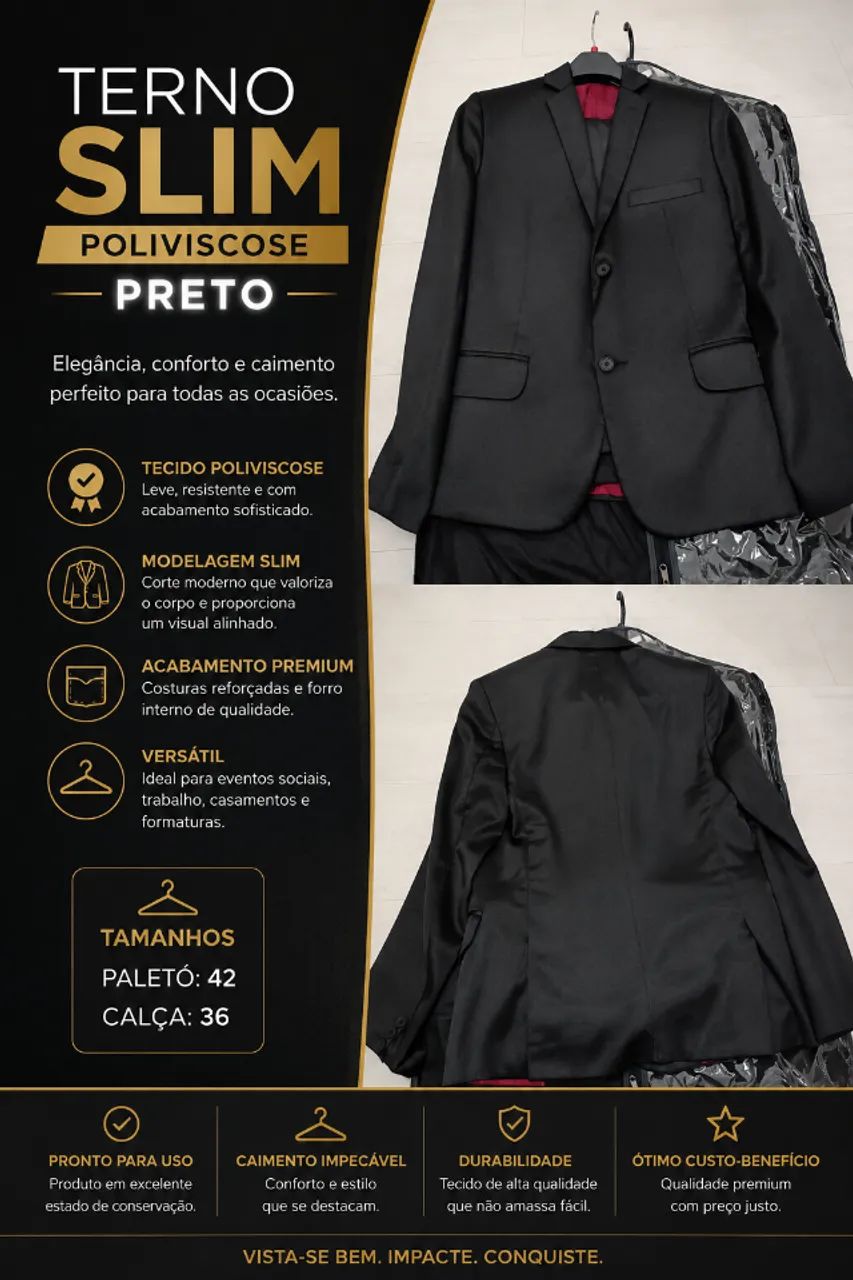 Terno Slim Poliviscose - Preto 42 