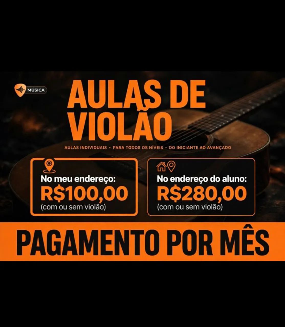 Aulas de violão pagamento por mês