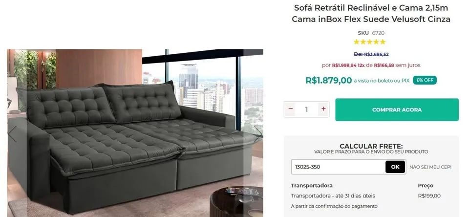 Sofá Retrátil Reclinável e Cama 2,15m Cama inBox Flex Suede Velusoft Cinza453011682027130881