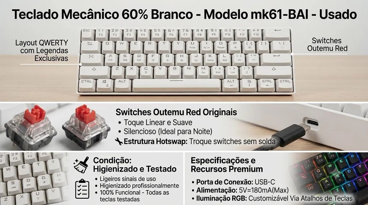 Teclado mecânico mk61-BAI 60% switch red