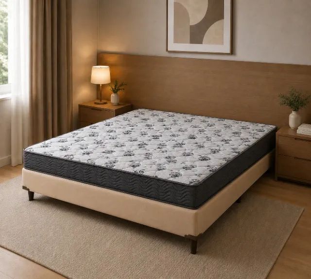 Base Box Casal Bege com Colchão Casal D33 Ortobom - Entrega Rápida! 