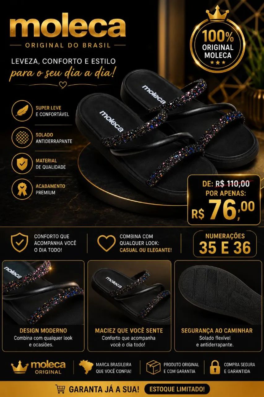 Sandália Moleca Original - Preta com Glitter 
