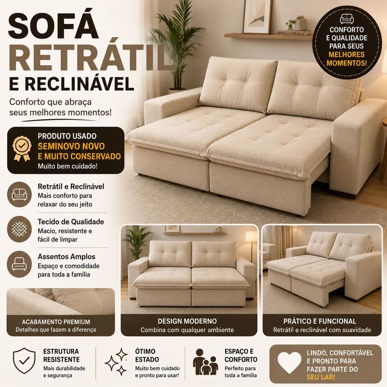 Sofá Retrátil e Reclinável 2,50m Linho Bege - Excelente estado