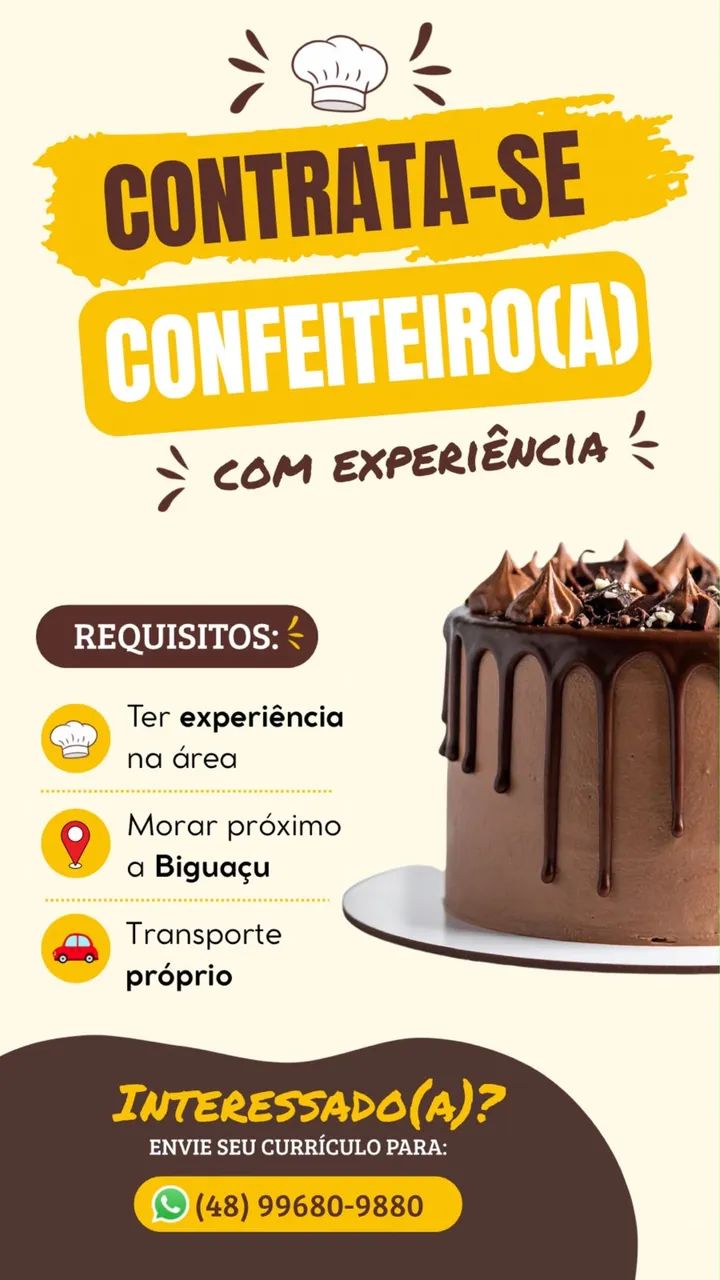 Contrata se confeiteiro(a) com experiência ou Freelance.