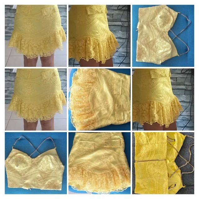 Conjunto top cropped e saia amarelo de renda e strass botswana