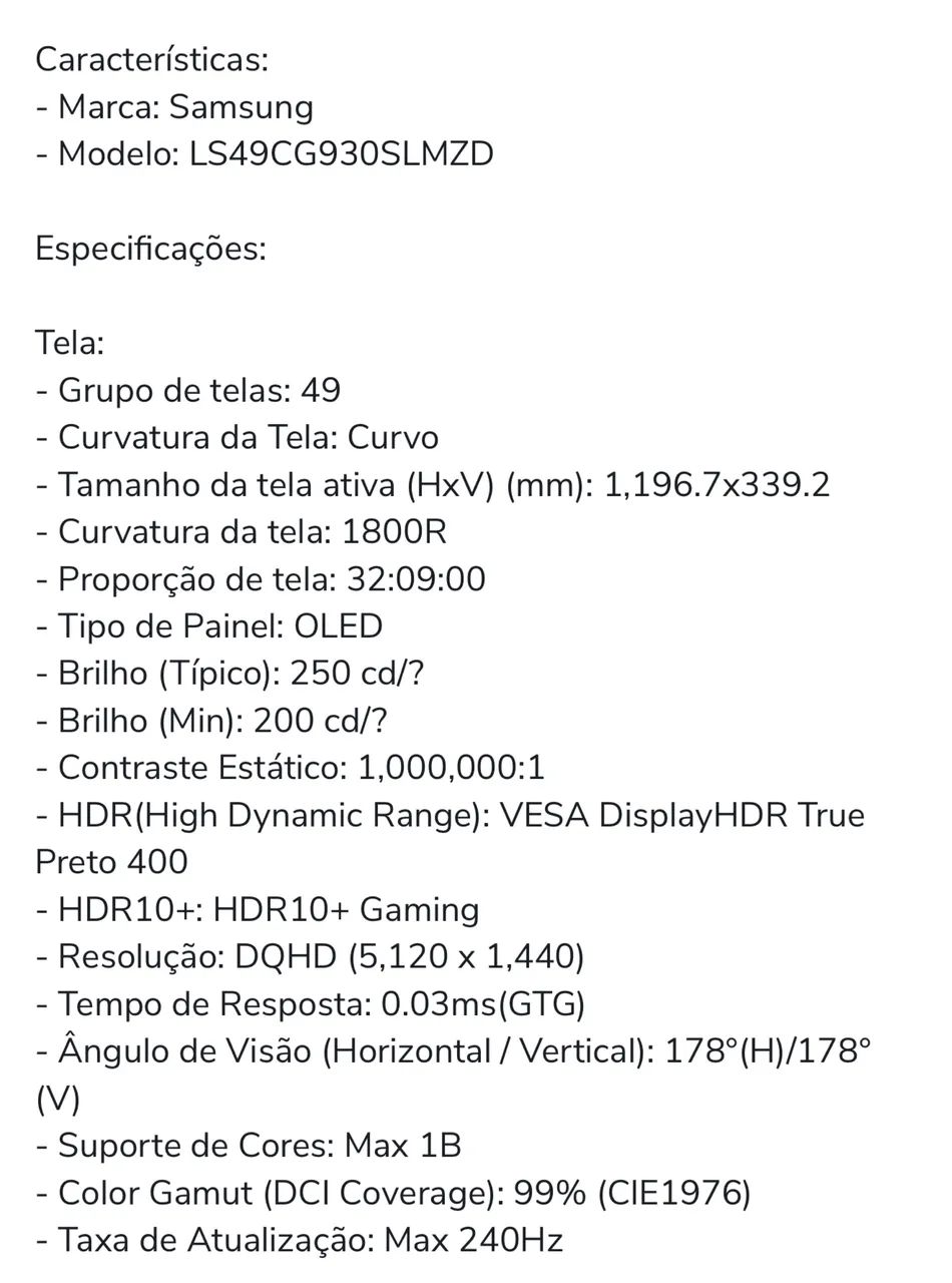 SAMSUNG ODISSEY G9 49 polegadas 240 hz 64396661979777120