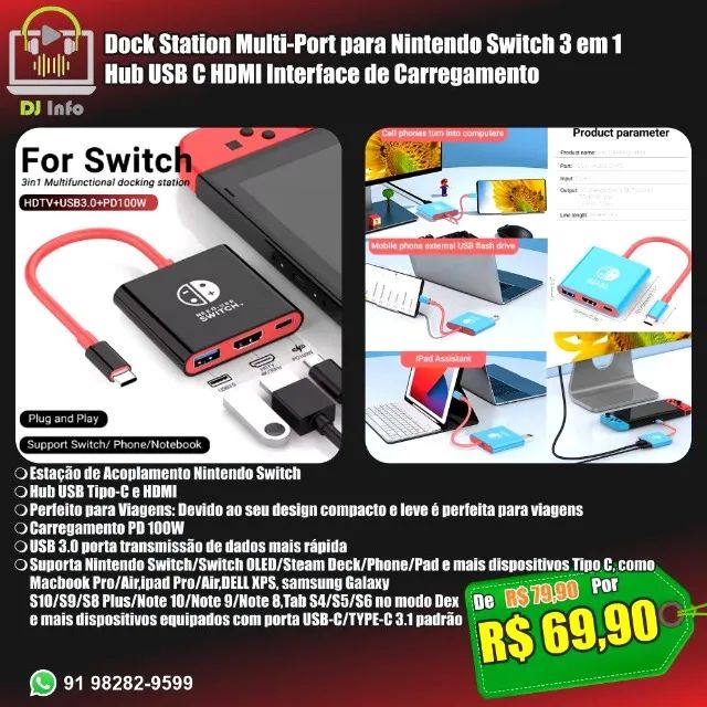 Dock Station Nintendo Switch 3 em 1 Hub USB C HDMI Carregam. Zelda