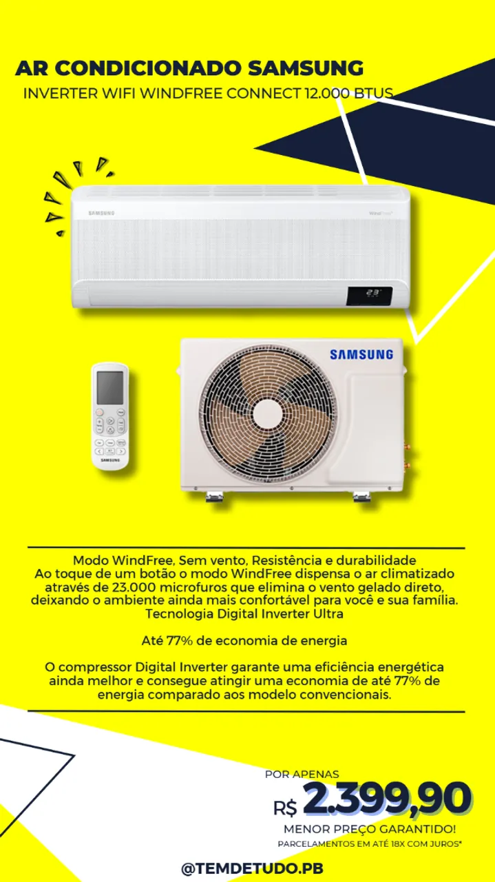 Ar Condicionado Samsung - Inverter WiFi WindFree Connect 12.000 BTUs