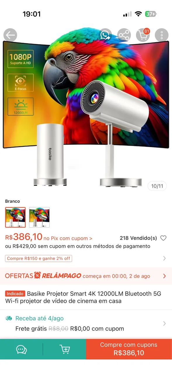Projetor Basike Smart 4k (1 semana de uso)
