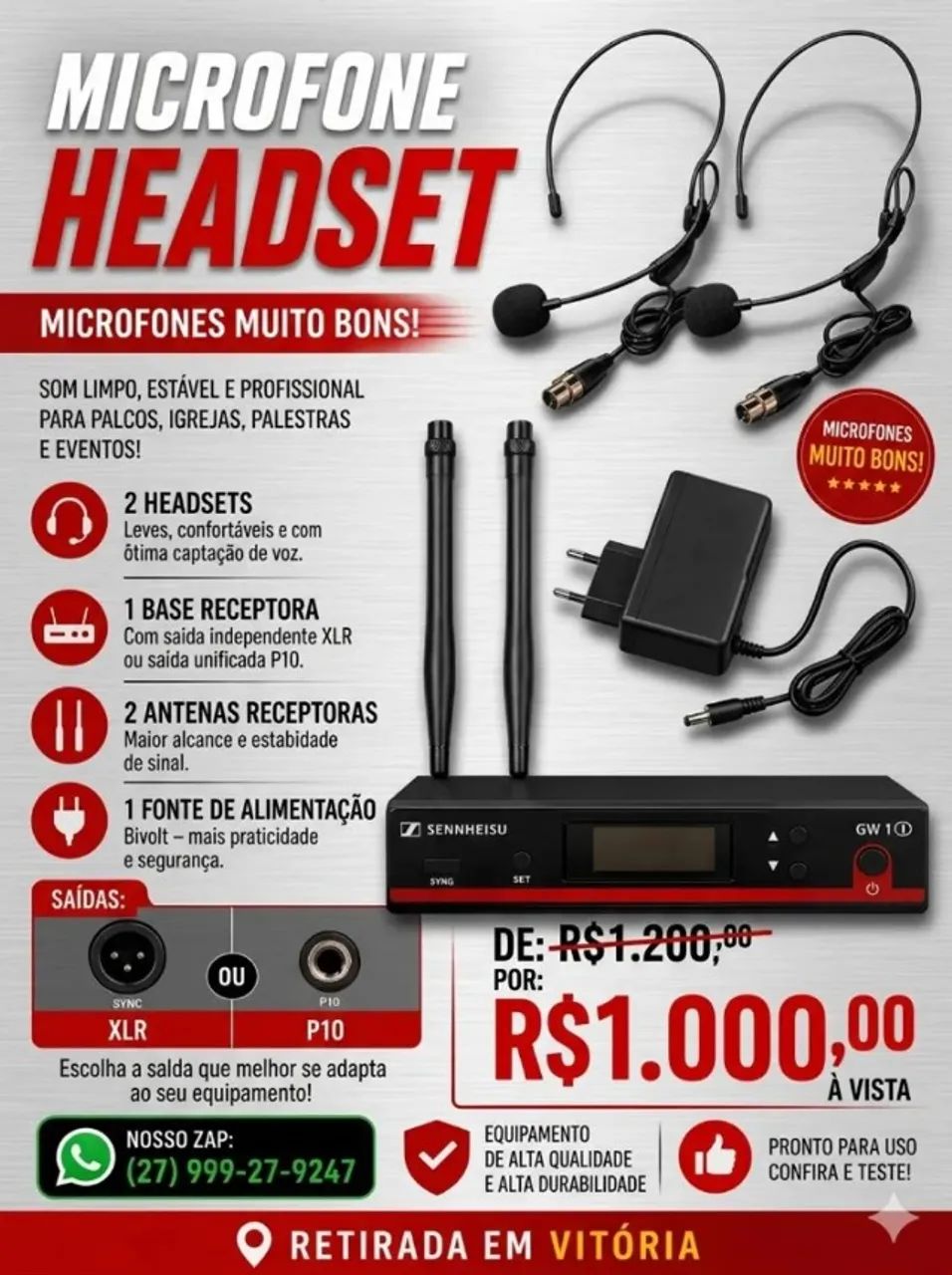 Microfone sem fio headset duplo