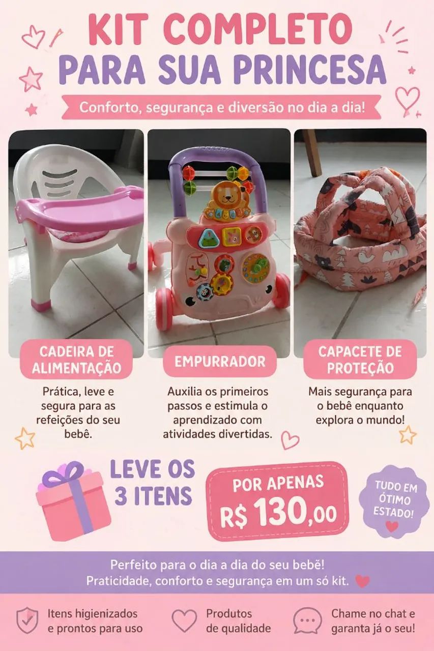 Cadeira de alimentação, empurrador e capacete de proteção 