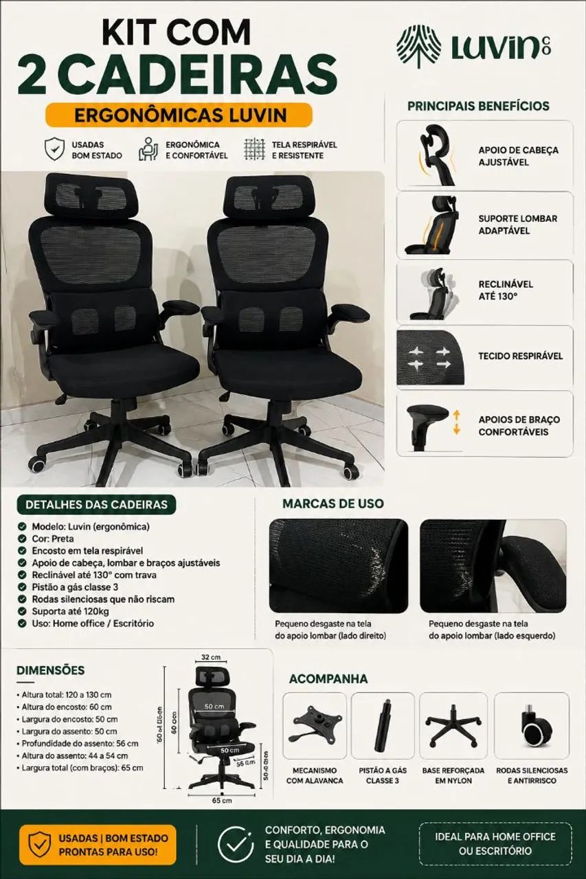 Kit com duas cadeiras ergonômicas Luvinco B500 Genebra - Foto 3