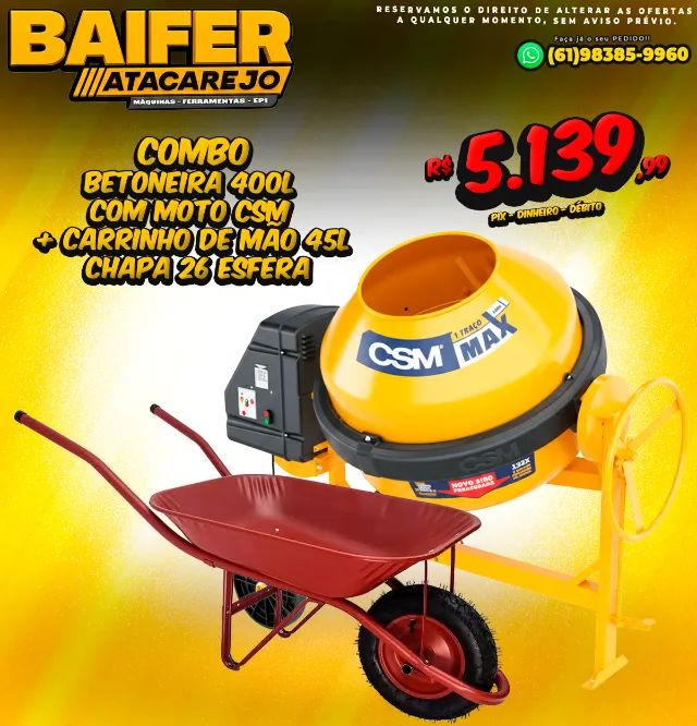 400L Concrete Mixer Combo with CSM Motor + 45L Hand Cart (26-Gauge Steel, Spherical Design)