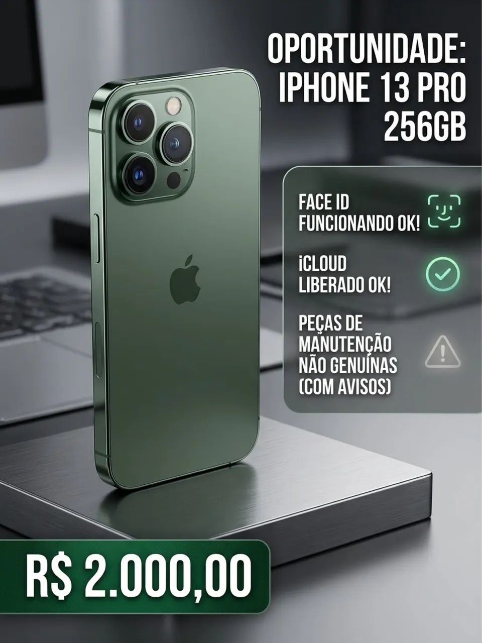 iPhone 13 Pro 256GB Verde Alpino | Face ID OK | R$ 2.000,00 (Preço