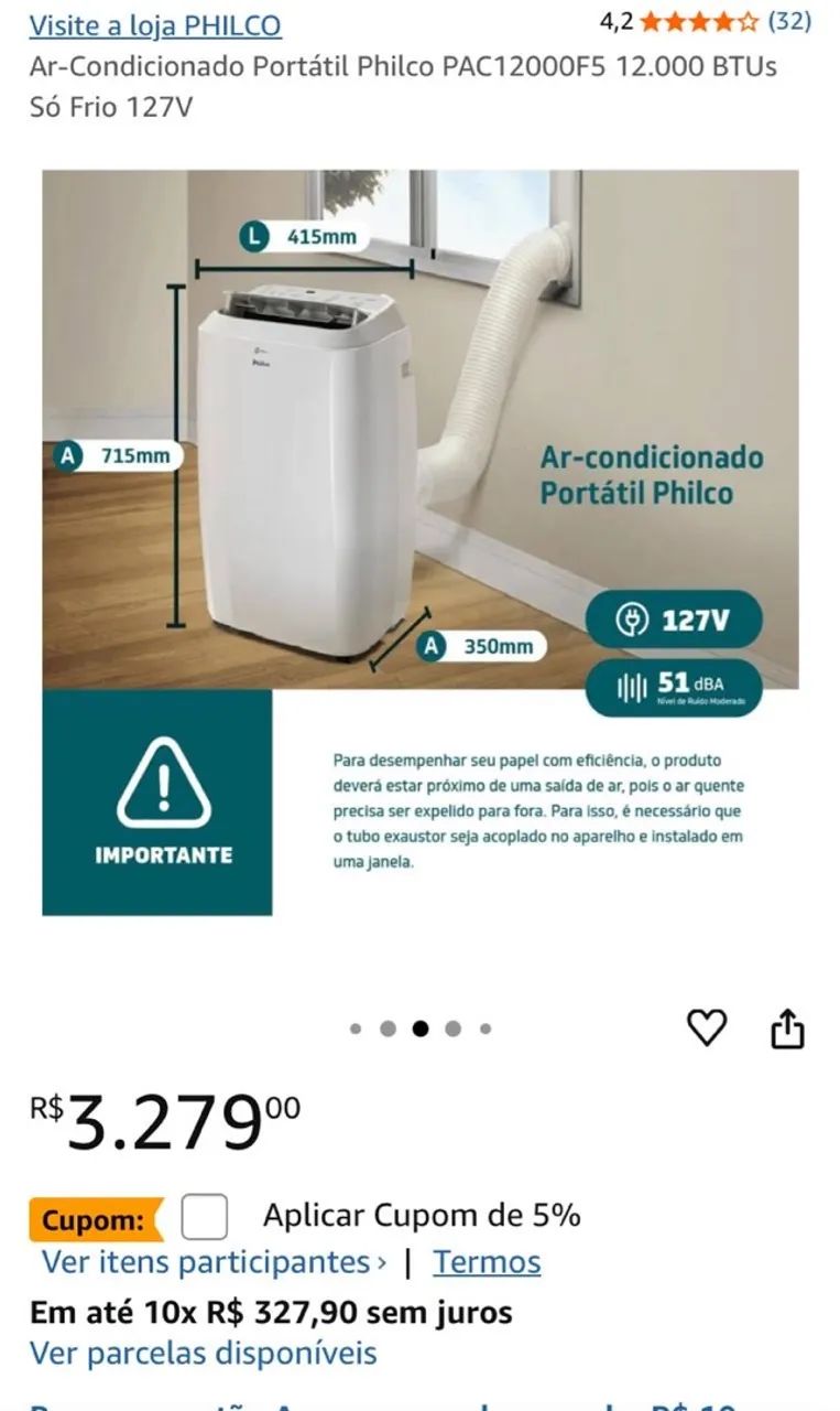 Ar Condicionado Portátil Philco PAC12000F5 12.000 BTUs