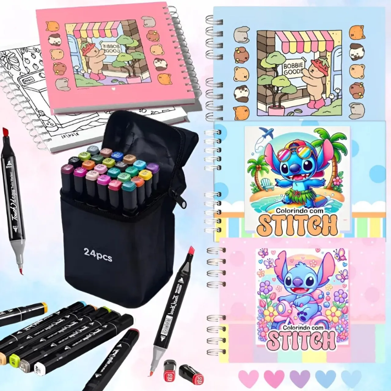 Kit de canetas marcadoras e cadernos fofos para desenhar