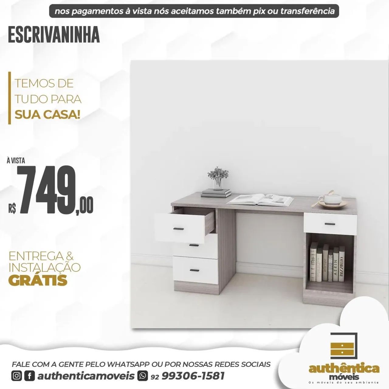 Escrivaninha Moderna com Gaveteiro e Prateleira - R$749,00