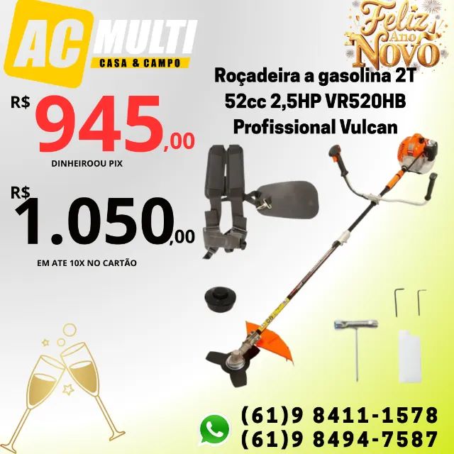 Roçadeira a gasolina 2T 52cc 2,5HP VR520HB Profissional Vulcan