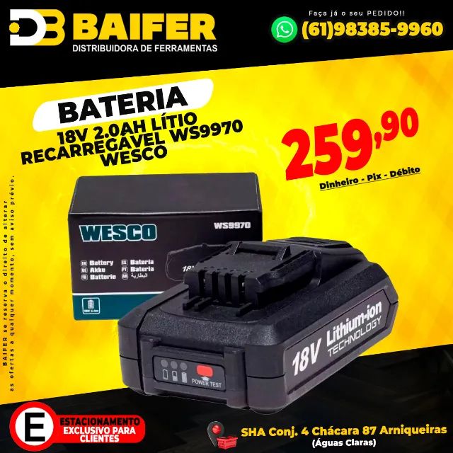 Bateria 18v 2.0Ah Lítio Recarregável Ws9970 Wesco