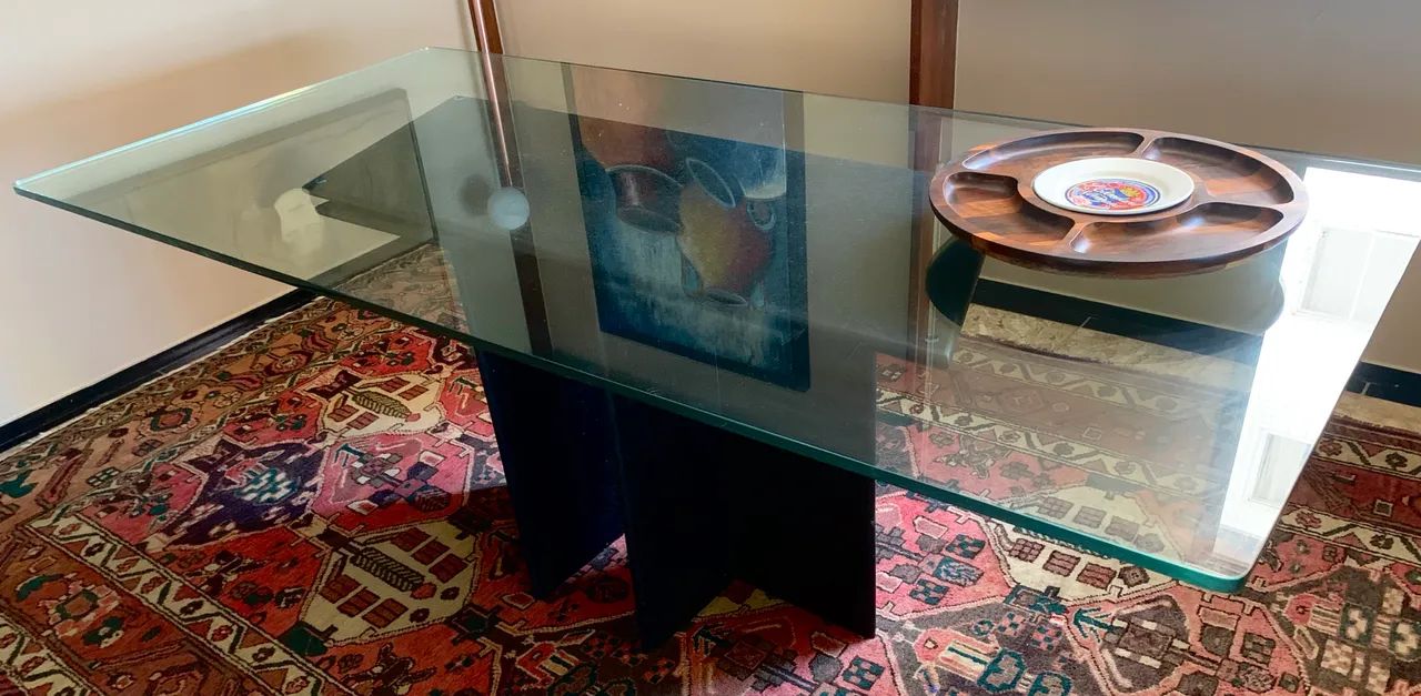 Mesa Jantar 6 lugares Vidro Temperado 15mm 2.10 X 1.00 base granito Preto-OPORTUNIDADE 