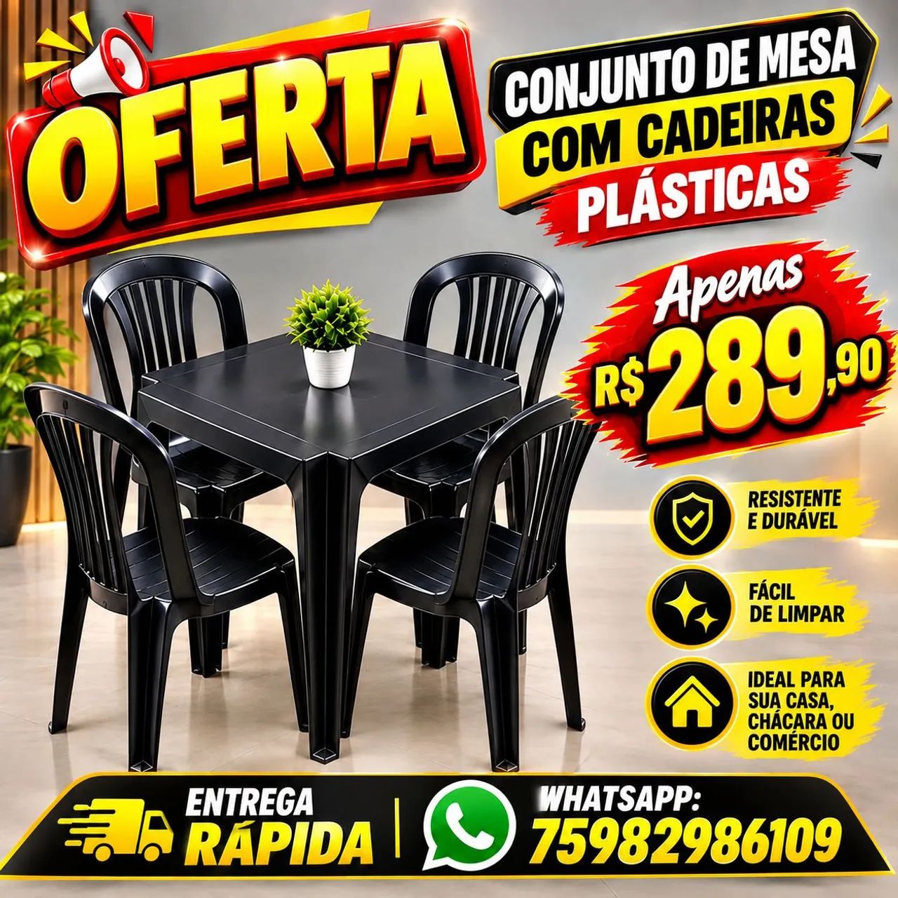 Conjuntos de mesas e cadeiras plásticas bistrô preta 