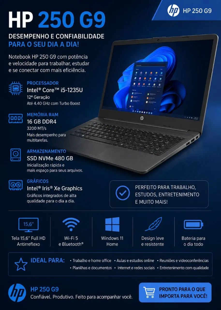 Notebook HP 250 G9 ? Intel Core i5 | 16GB RAM | SSD 480GB