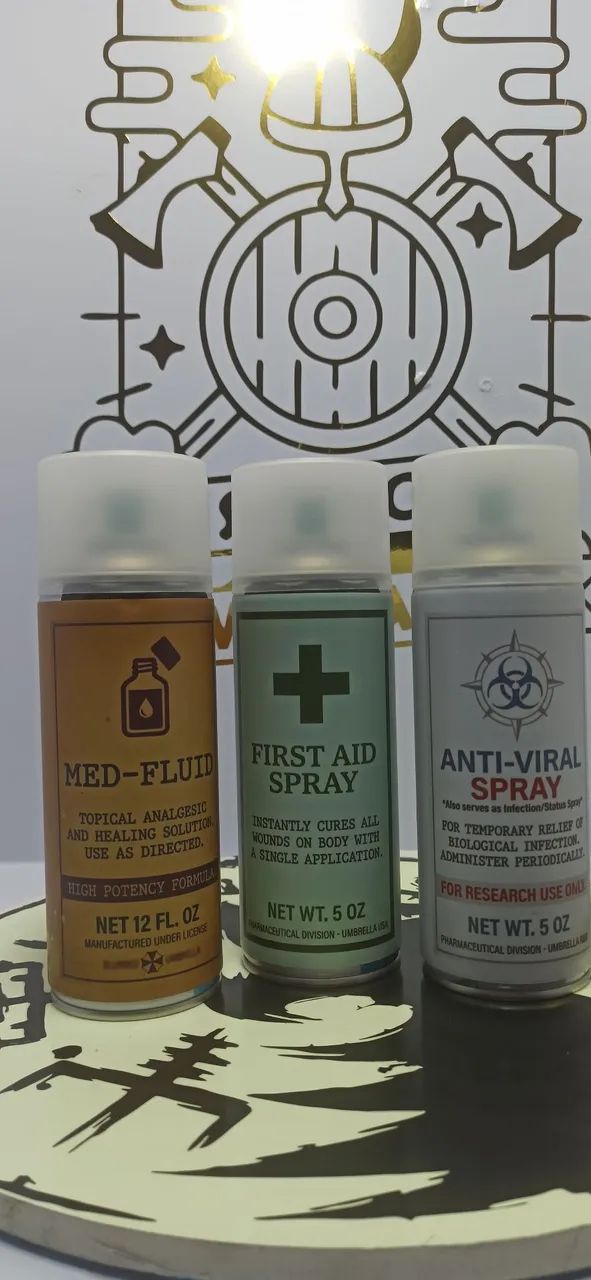 Kit com 3 Réplicas Resident Evil - First Aid Spray + Med-Fluid + Anti-Viral
