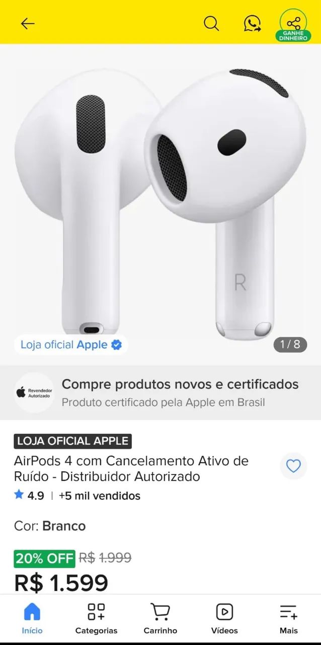 Fone AirPods 4 (ANC) com bloqueador de ruídos (lacrado)