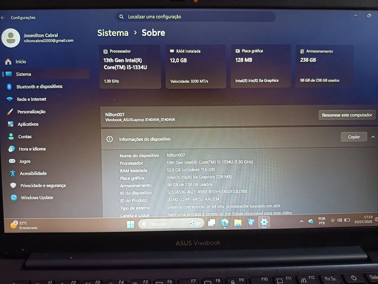 Notebook asus vivobook x1404va 238gb