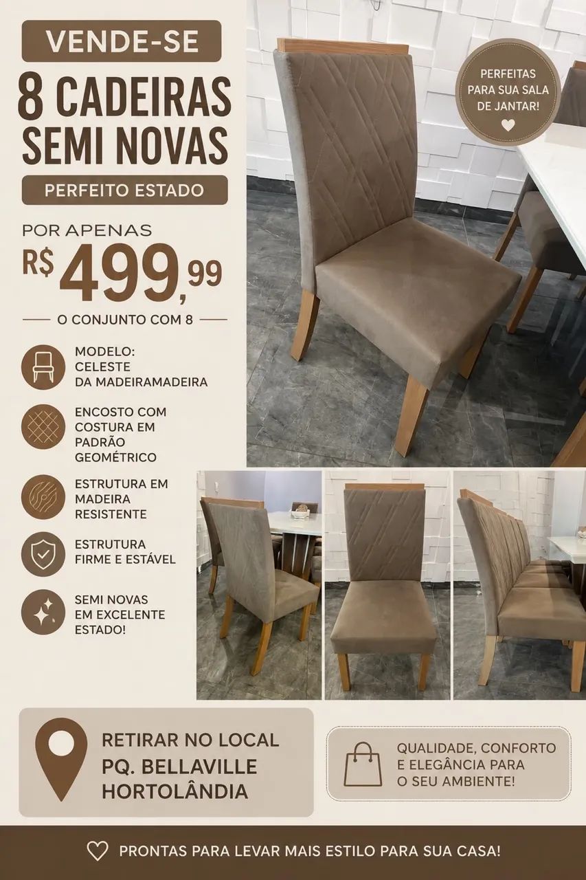 JOGO DE 08-CADEIRAS PARA MESA DE JANTAR SEMI NOVAS