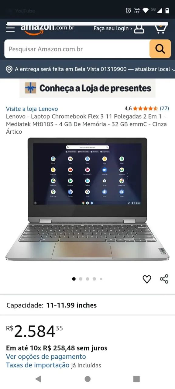 Lenovo Chromebook Flex 3 tela de 11 polegadas 4 GB de memória RAM e 32 GB de armazenamento