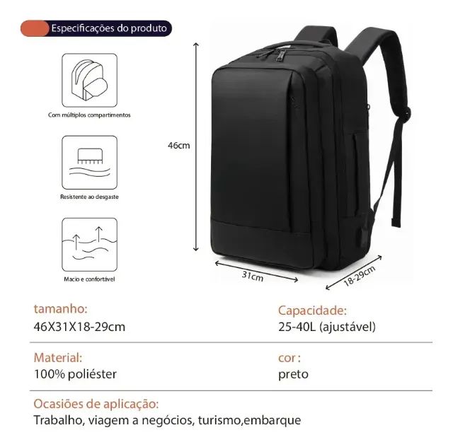 Mochila Preto Liso Com Faixa Impermeável com Expansão  - Foto 2