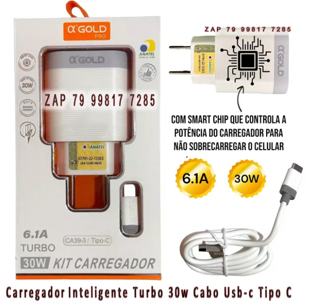 Carregador Celular Inteligente Turbo 30w Cabo Usb-c Tipo C