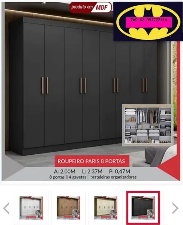 Promoção Guarda roupa PARIS 8 PORTAS MDF PÉS DE BRINDE