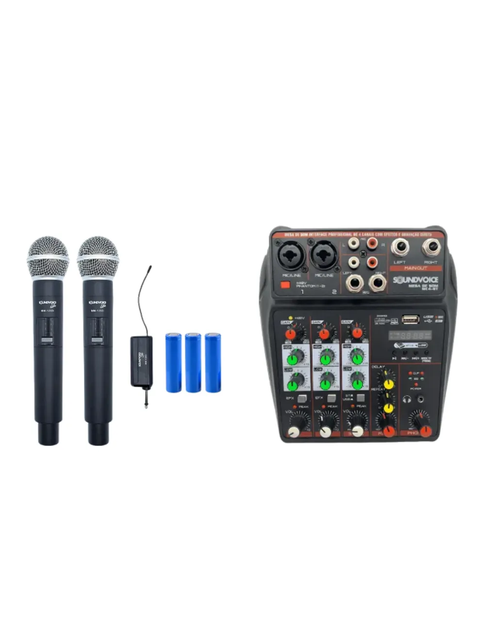KIT MESA  MC4-BT + MICROFONE DUPLO SEM FIO VHF FREQUENCIA FIXA SOUNDVOICE LITE MM120D