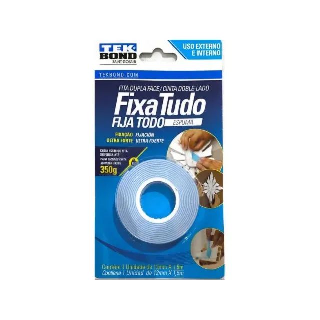 Fita Dupla Face Fixa Tudo Espuma 12mm X 1,5m 350g Tekbond 2 Unidades