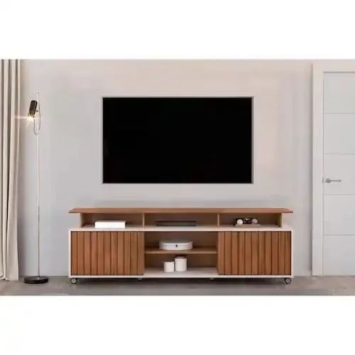 Rack Bancada Para TV até 70 Polegadas Olimpic Ripado Rodízios Freijó/Off White - Dj<br>