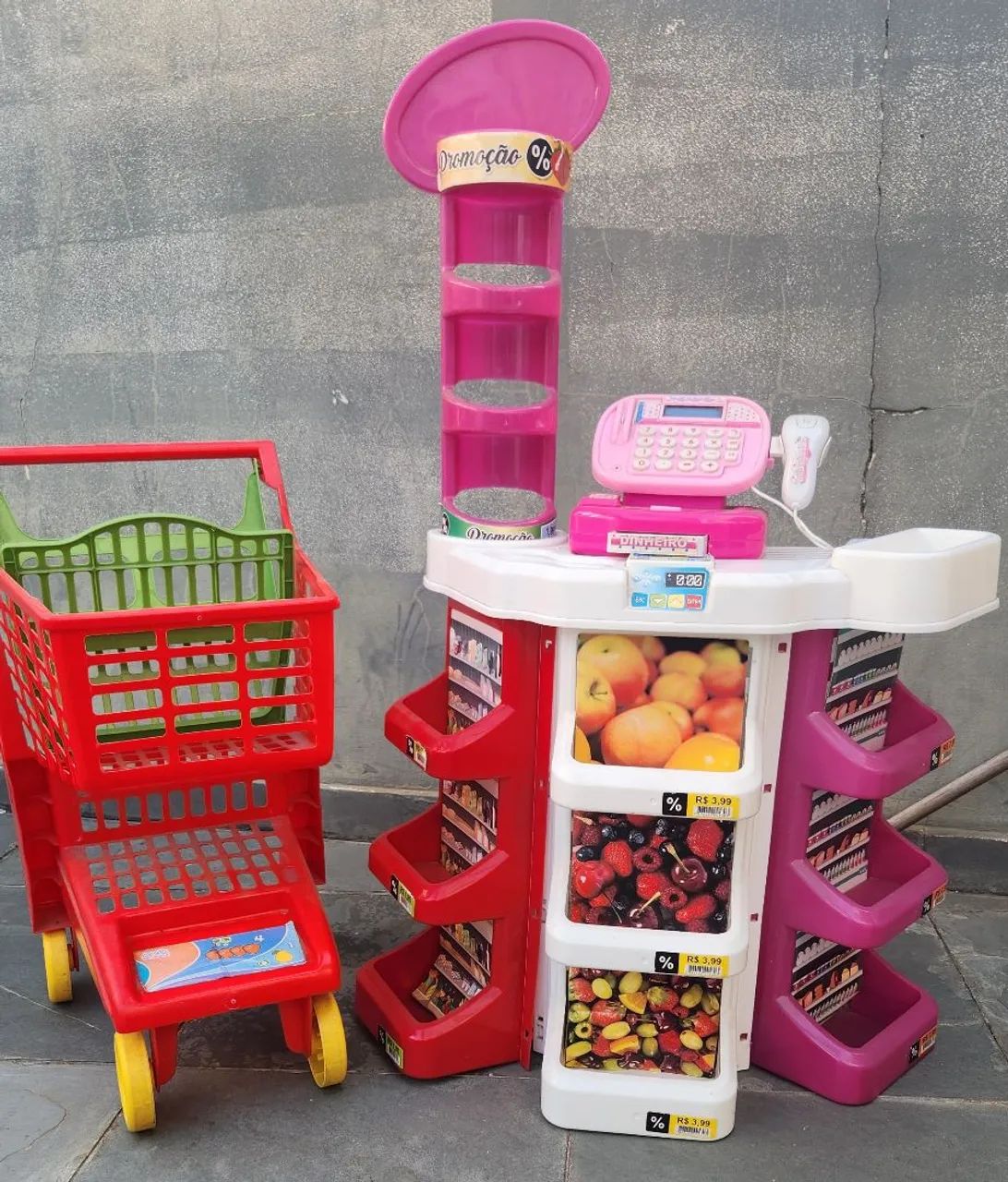 Kit mercadinho, caixa registradora e carrinho infantil