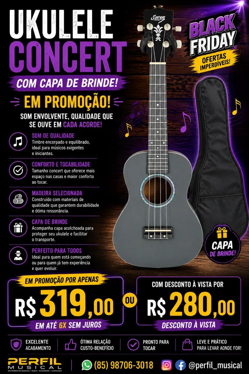 Ukulele concert com capa de brinde em promoção 