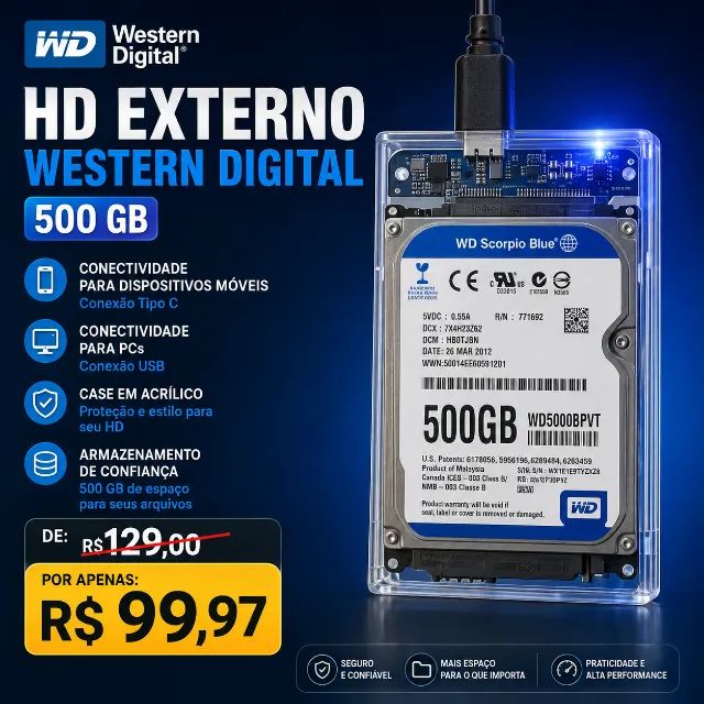 HD EXTERNO WESTERN DIGITAL 500 GB COM CASE - Foto 3