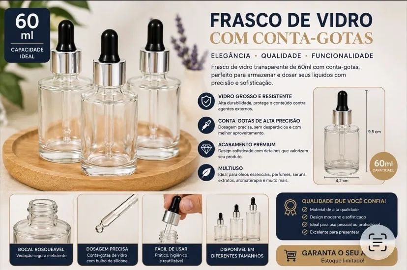 Frasco de Vidro 60ml com Conta-Gotas - Embalagem para Cosméticos, Óleos, Séruns 