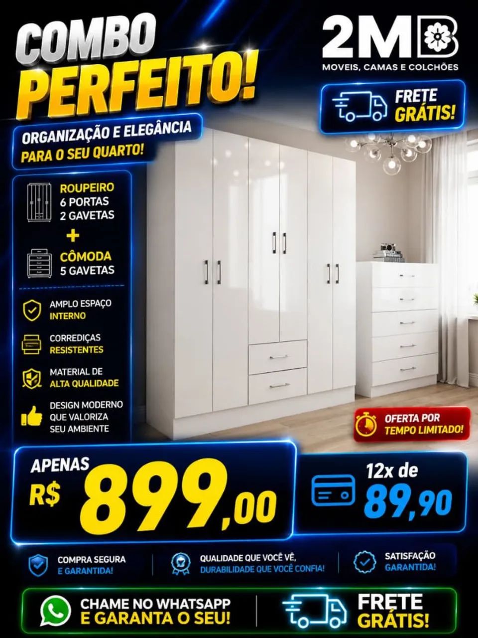 Combo Roupeiro 6 Portas + Comoda 5 Gavetas - Foto 3