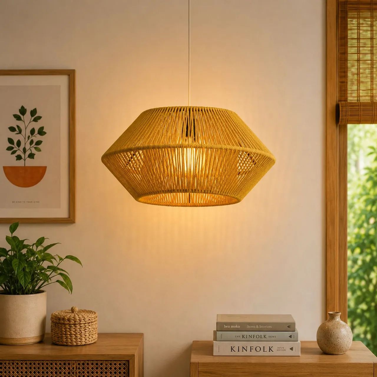 Luminária Pendente de teto, em Macramê 40x25 | Decoração sala/quarto. 
