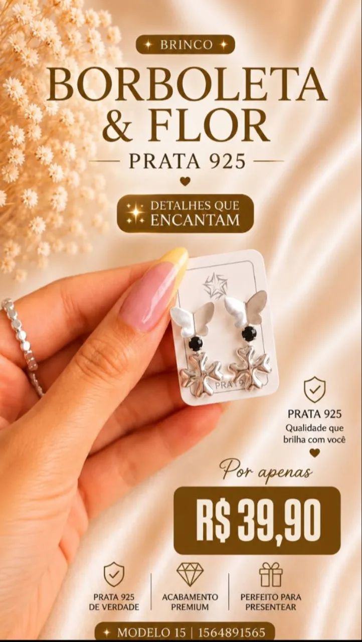 Trio de Brincos Borboleta e Flor Prata 925